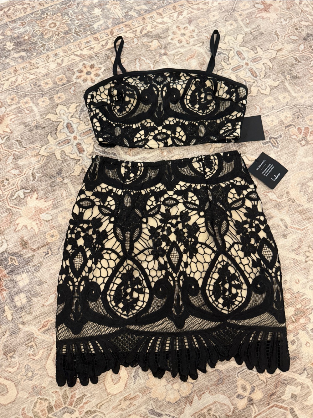 Lulu's Black Lace Strapless Crop Top and Skirt Set